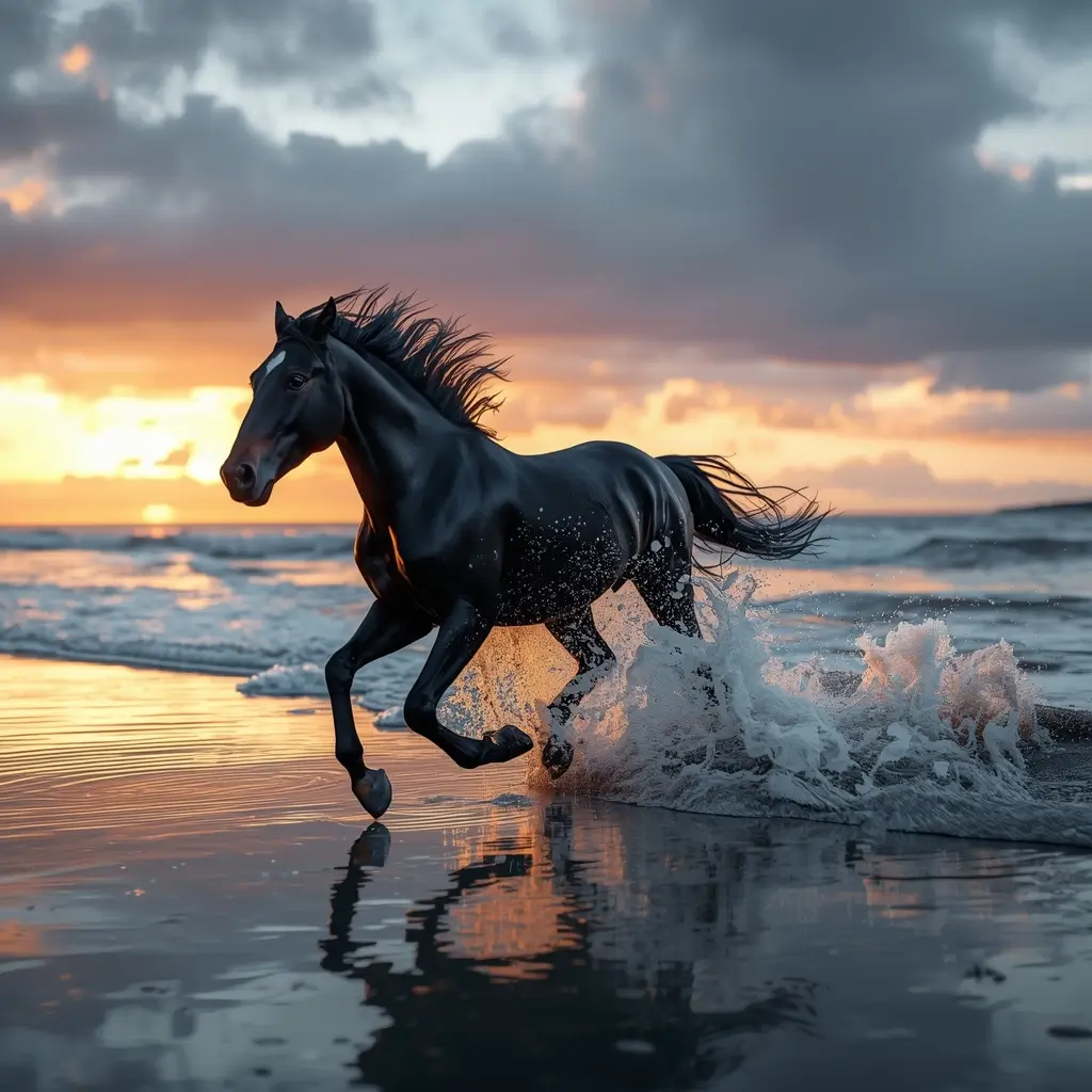 Black horse running on beach with waves at sunset horse-animal-photo animal-wallpaper wild-animals-photos nature
