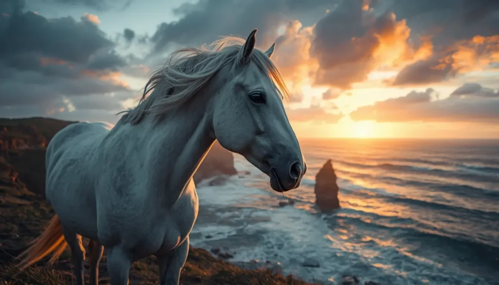 White horse standing near ocean cliff at sunset scenic horse-animal-photo animal-wallpaper wild-animals-photos nature
