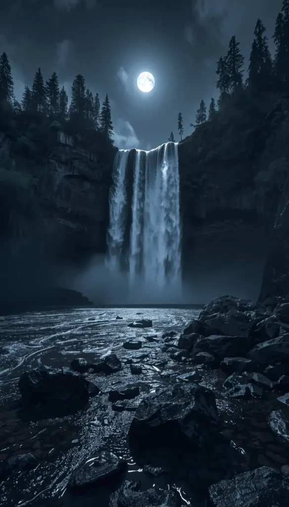 Moon shining above a tall waterfall at night with glowing water and rocky riverbed creating dramatic images-of-moon-light scenery.