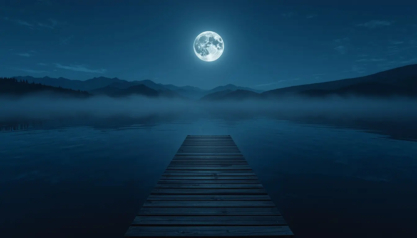 Wooden dock extending into a calm misty lake under a bright full moon creating peaceful images-of-moon-light scenery.
