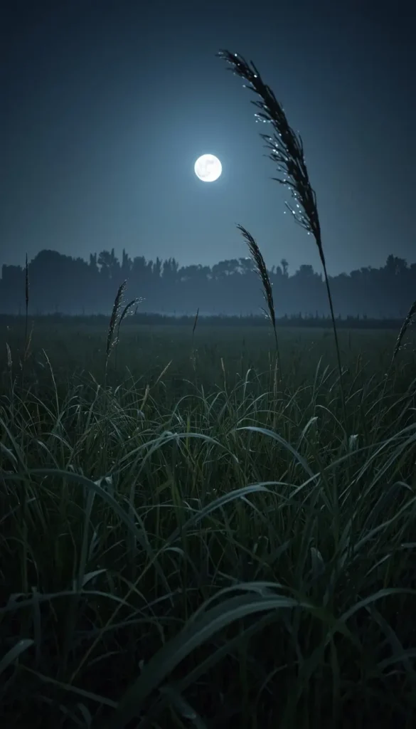 Tall meadow grass under a glowing full moon at night creating calm countryside images-of-moon-light scenery.