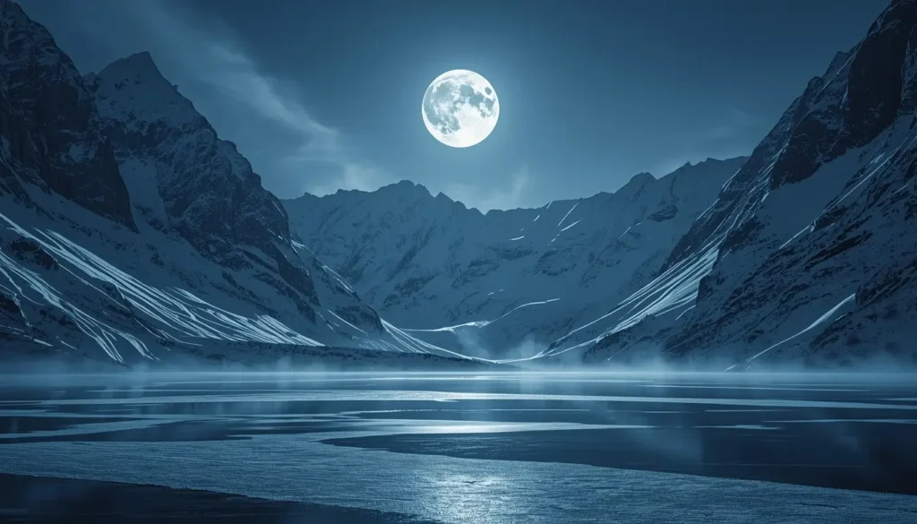Bright full moon above snowy mountains and frozen lake creating dramatic winter images-of-moon-light scenery.
