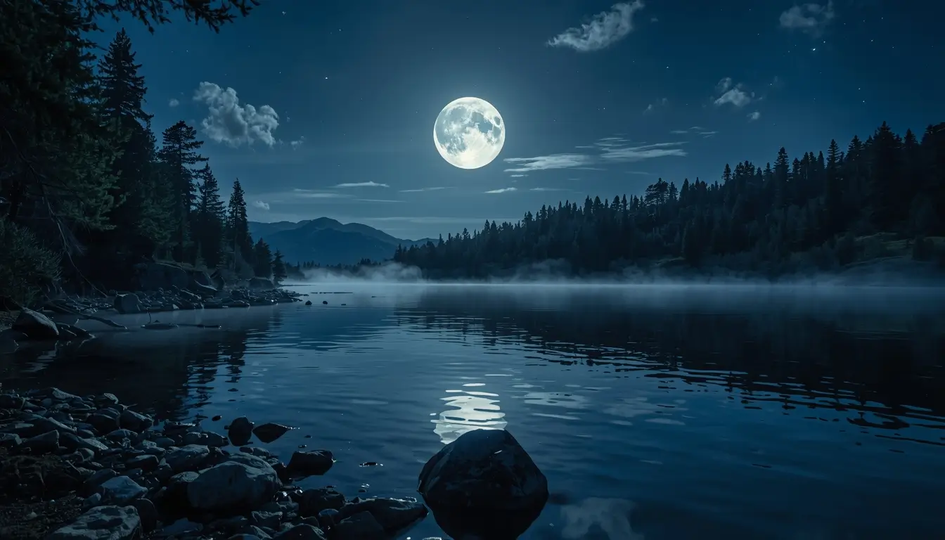 Bright full moon reflecting on a calm forest lake at night with misty water and mountain silhouettes creating peaceful images-of-moon-light.