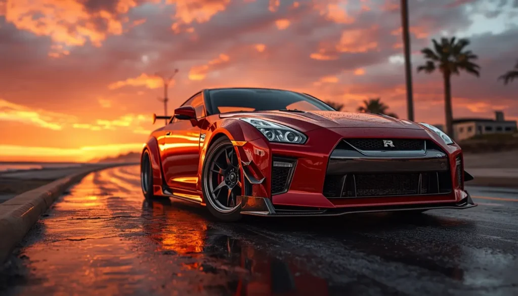 iphone-car-wallpaper of a red Nissan GTR on a wet road at sunset with palm trees and reflections, high quality car background