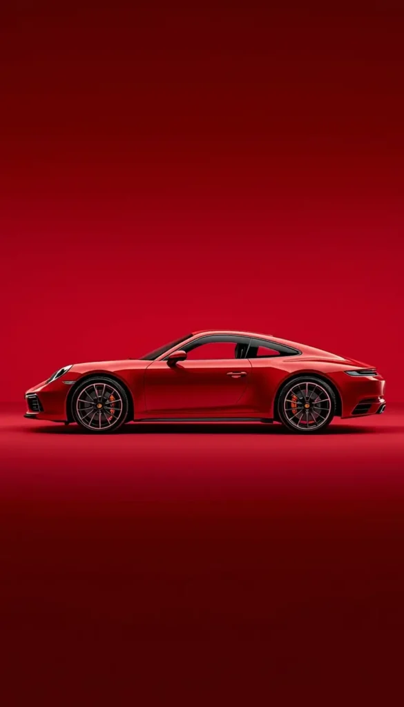 iphone-car-wallpaper of a red Porsche sports car on a solid red background in minimal style, high quality phone background