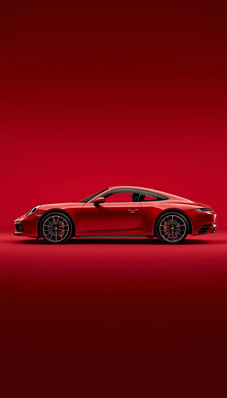 iphone-car-wallpaper of a red Porsche sports car on a solid red background in minimal style, high quality phone background