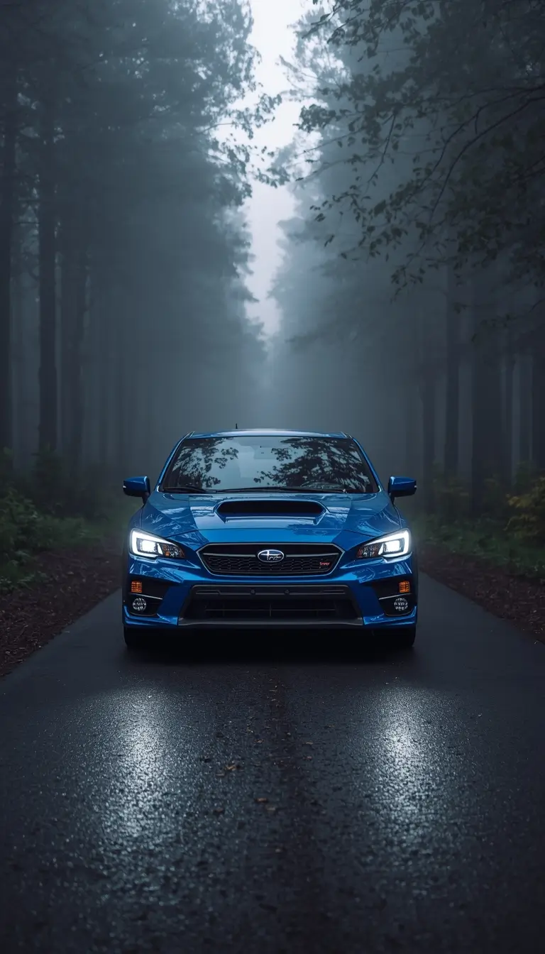 Blue sports car on foggy forest road - iphone-car-wallpaper