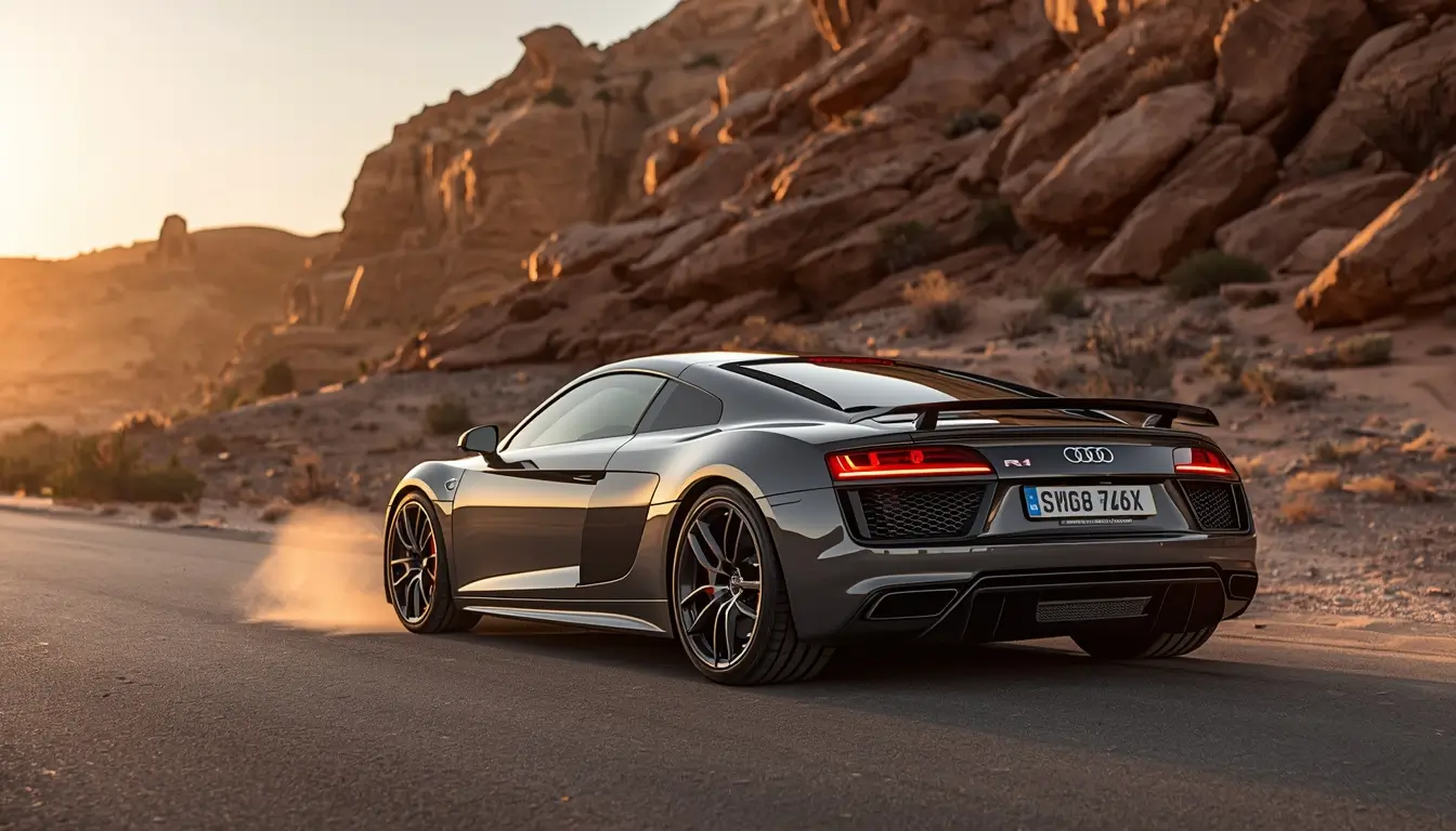 iphone-car-wallpaper of a grey Audi R8 driving on a desert road at sunset with rocky cliffs, ideal high resolution car background