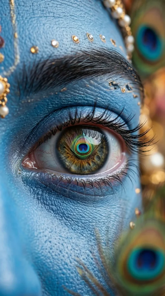 Close up of Lord Krishna eye with peacock feather reflection krishna-wallpaper