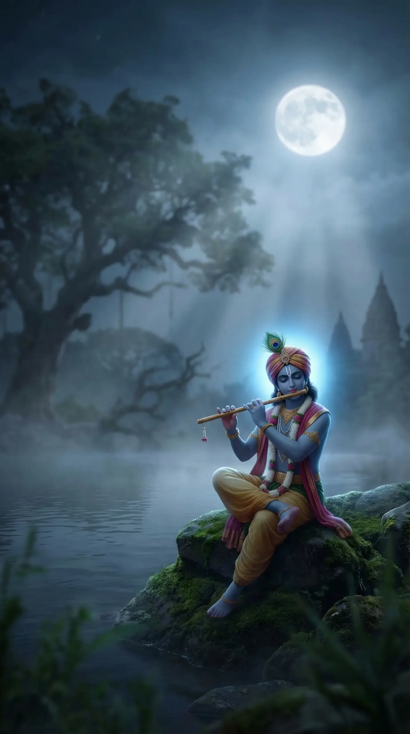 Lord Krishna playing flute under moonlight by river krishna-wallpaper