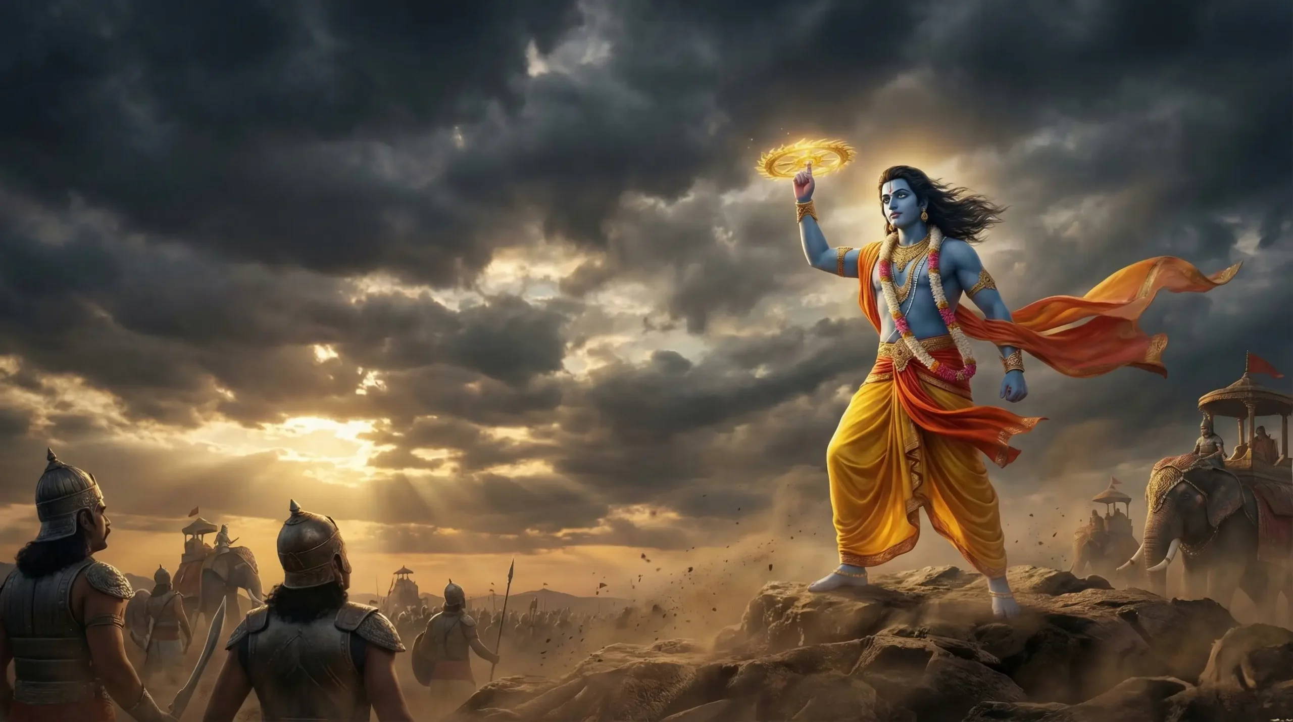 Lord Krishna with Sudarshan Chakra in battlefield krishna-wallpaper dramatic scene