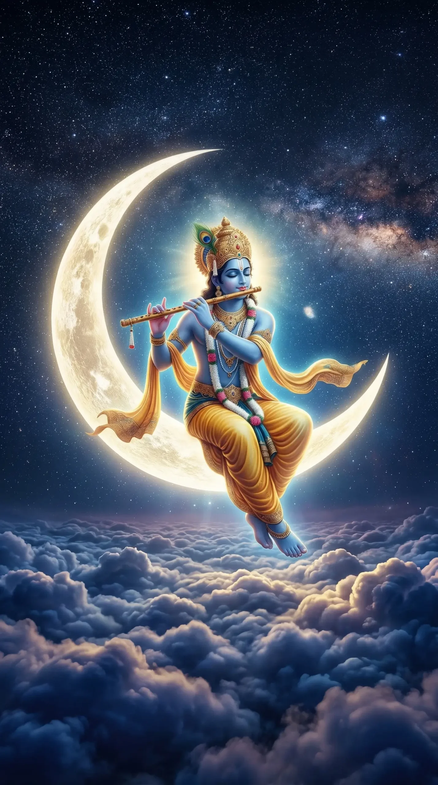 Lord Krishna sitting on crescent moon playing flute krishna-wallpaper celestial scene