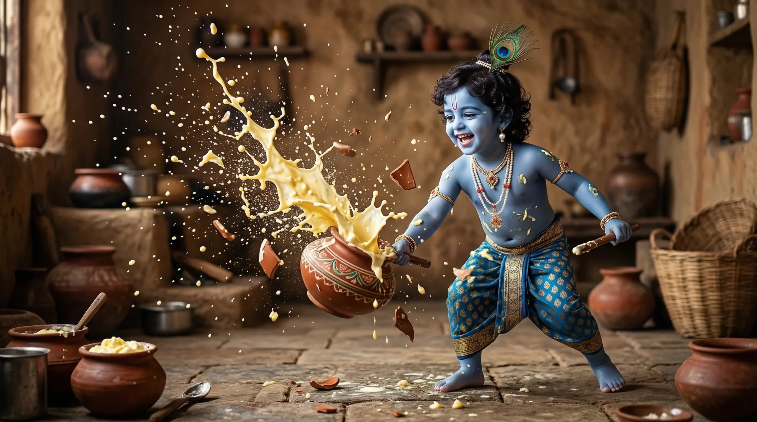 Bal Krishna breaking butter pot with splash krishna-wallpaper playful scene