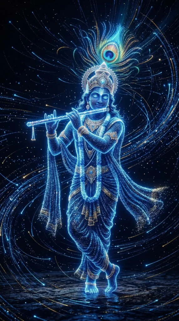 Glowing Lord Krishna made of light particles playing flute krishna-wallpaper