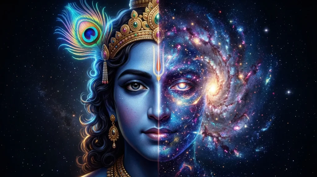 Half face Lord Krishna with galaxy cosmic art krishna-wallpaper