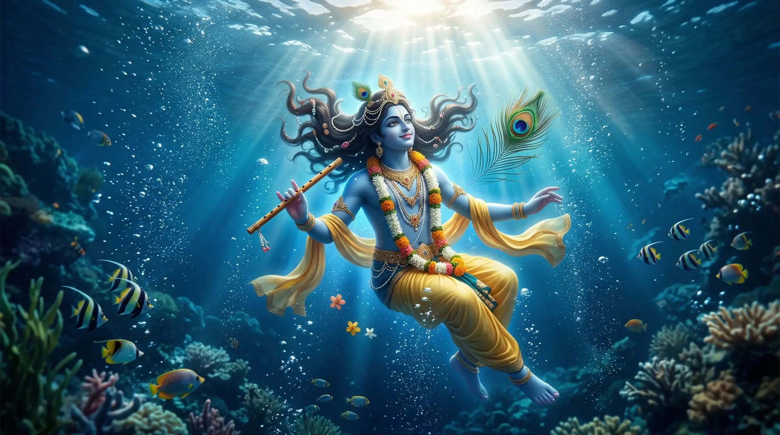 Lord Krishna underwater with flute and peacock feather krishna-wallpaper artistic scene