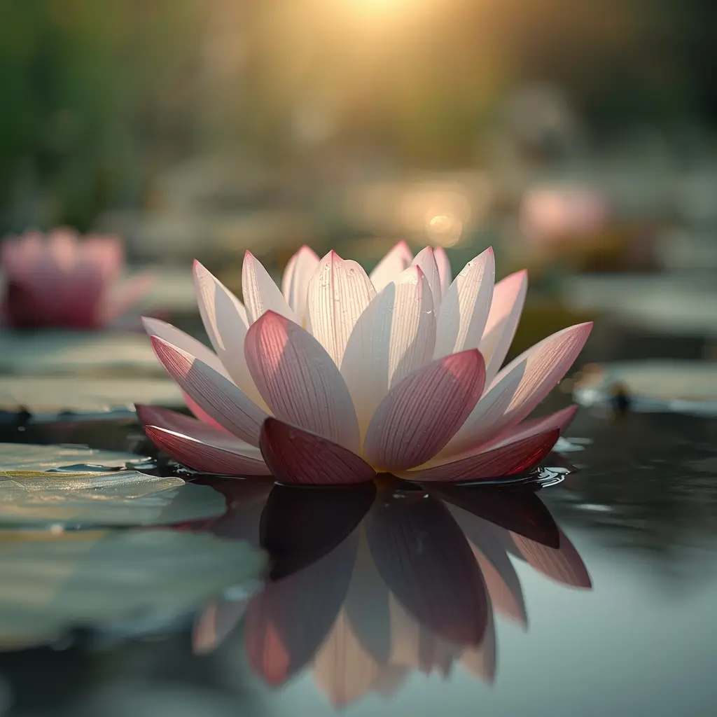 Pink lotus flower floating on water with soft sunlight reflection beautiful lotus flower wallpaper for phone and desktop background