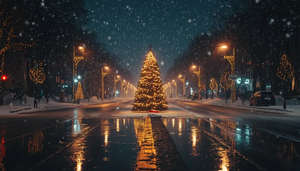 Glowing Christmas tree in the middle of a snowy street with city lights reflecting on wet road creating a magical festive night scene