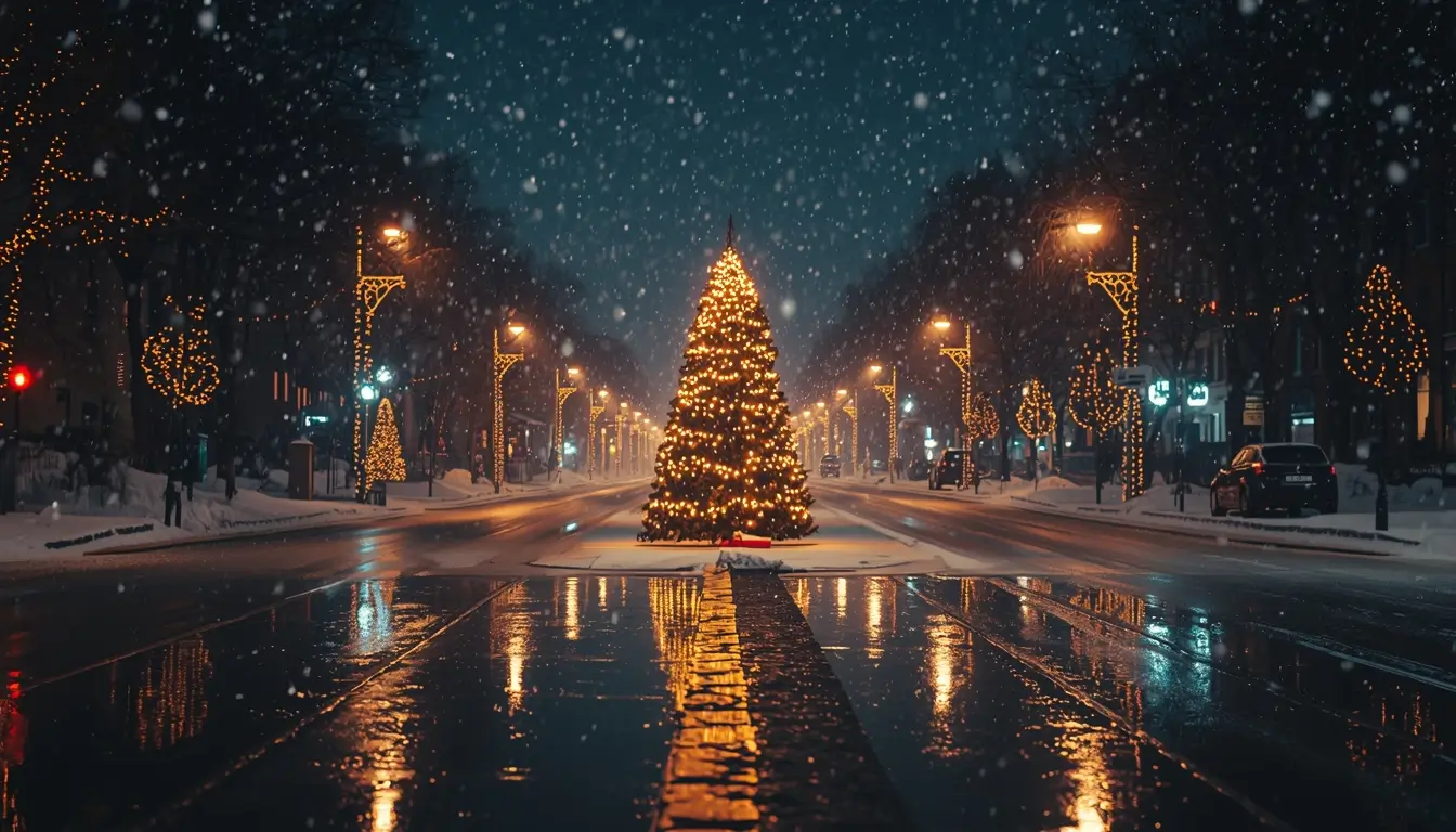 Glowing Christmas tree in the middle of a snowy street with city lights reflecting on wet road creating a magical festive night scene