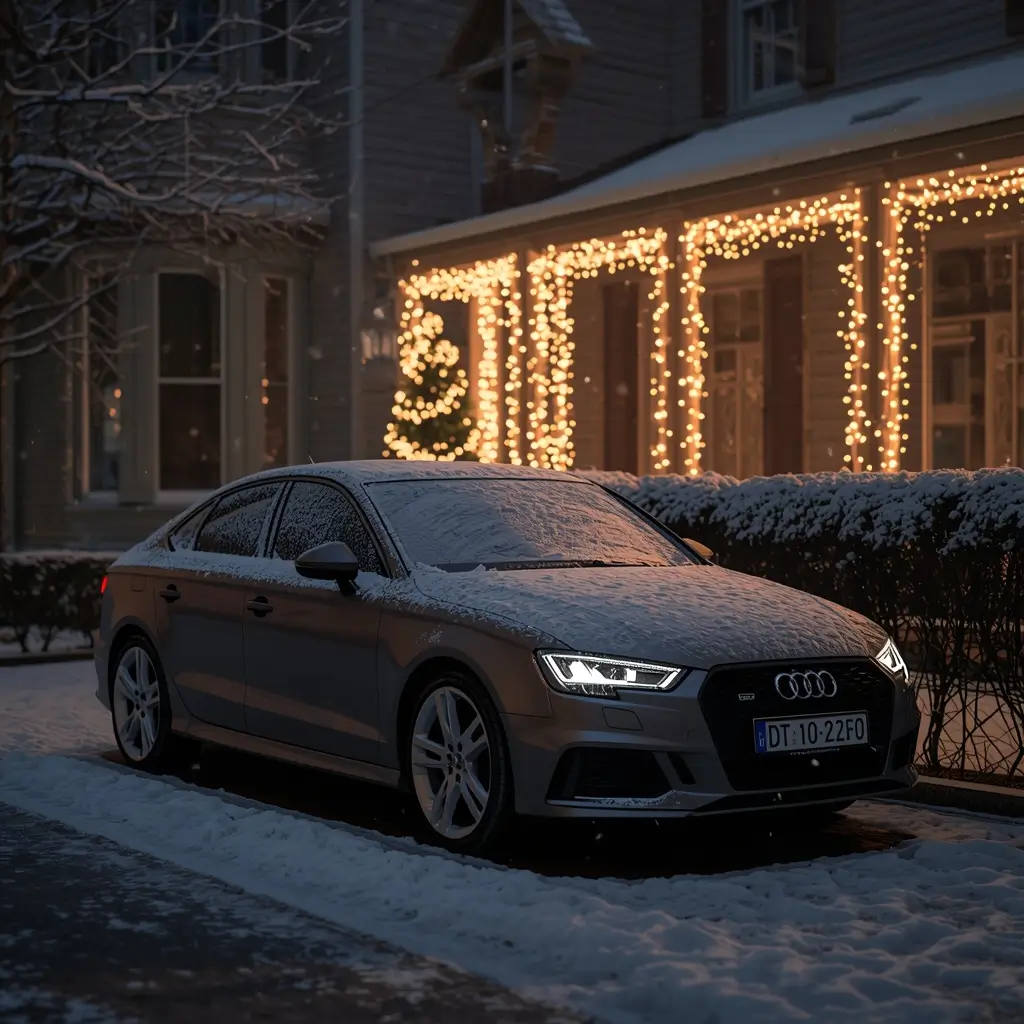 Snow covered car parked outside a house decorated with bright Christmas lights at night creating a festive winter scene