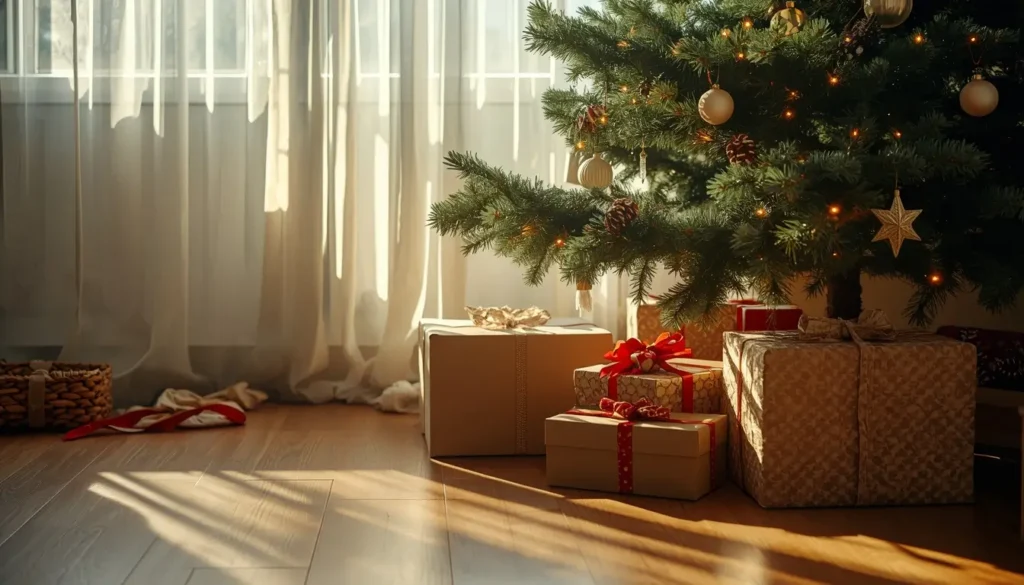 merry christmas images cozy morning with gifts under tree sunlight festive home scene
