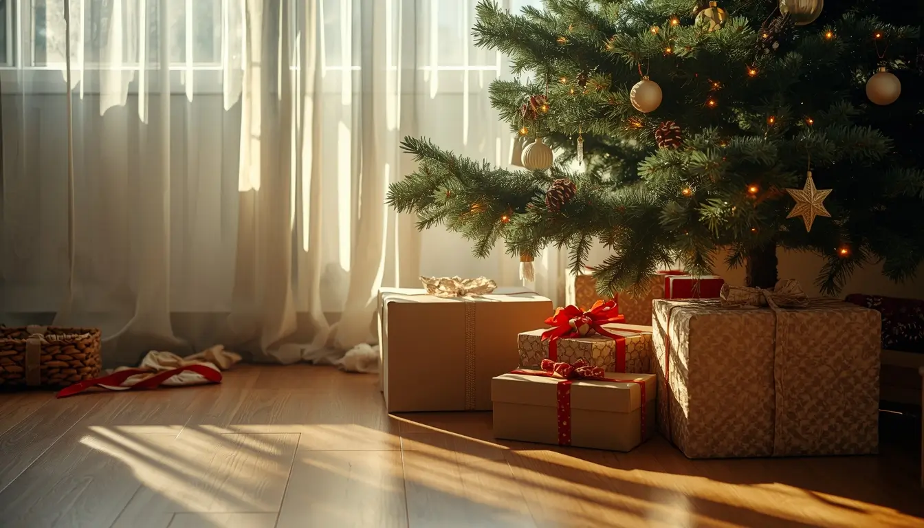 merry christmas images cozy morning with gifts under tree sunlight festive home scene