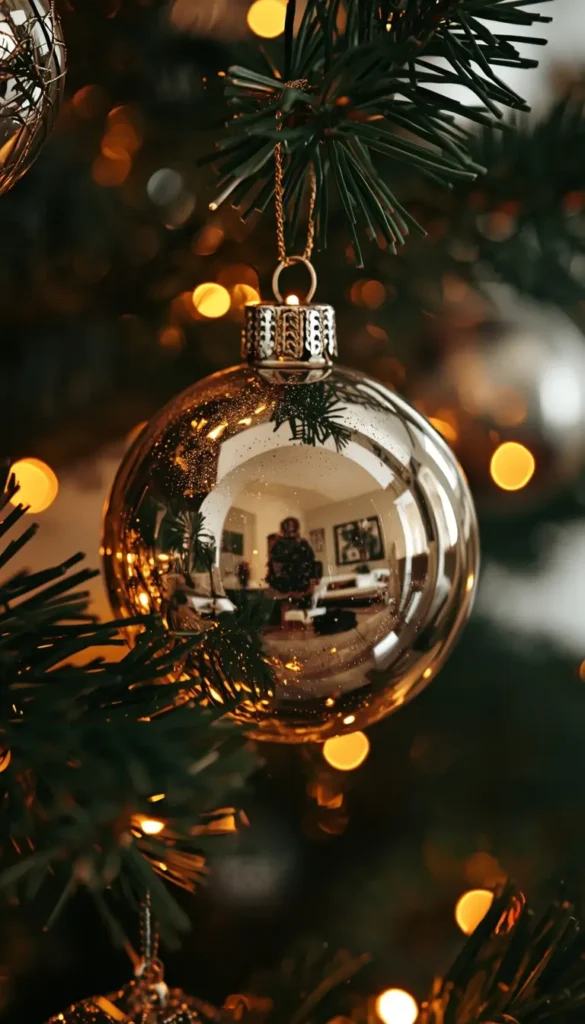 merry christmas photo close up ornament on tree with glowing lights festive decoration scene