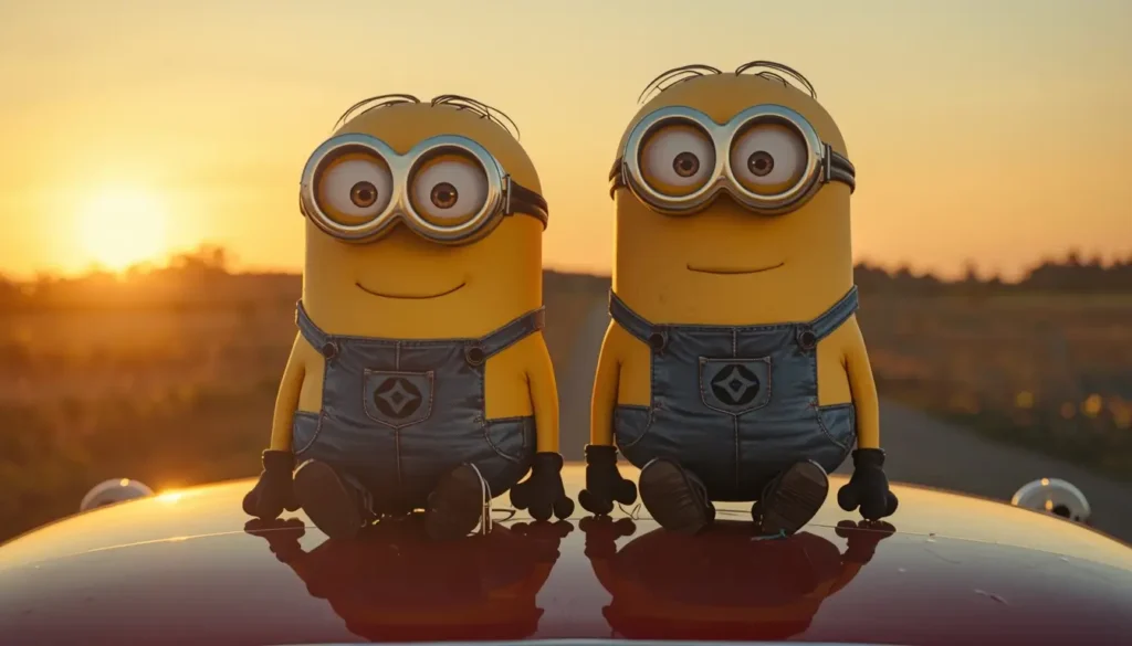 Two cute Minions sitting together at sunset creating a colorful minion wallpaper perfect for minions desktop wallpaper or minion wallpaper for computer.