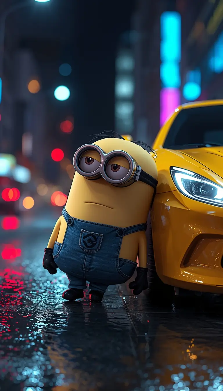 Cute Minion leaning against a yellow car on a neon city street at night creating a cinematic minion wallpaper 4k for desktop background.
