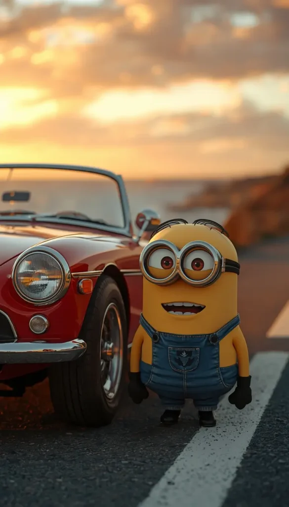 Cute Minion standing beside a red vintage car on a sunset coastal road creating a colorful minion wallpaper for computer desktop background.