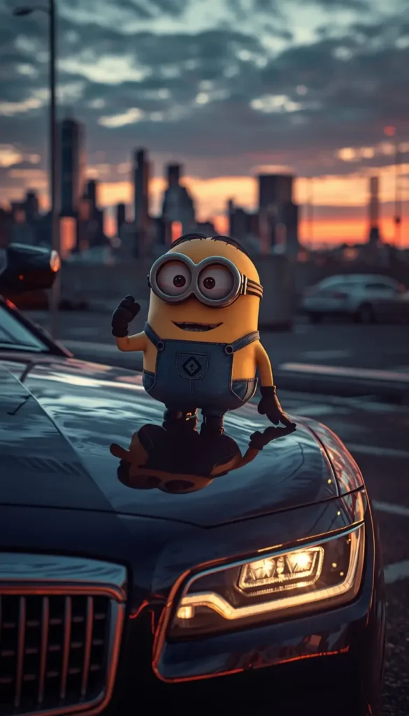 Cute Minion sitting on a car hood with a glowing city skyline at sunset creating a stylish minions desktop wallpaper background.