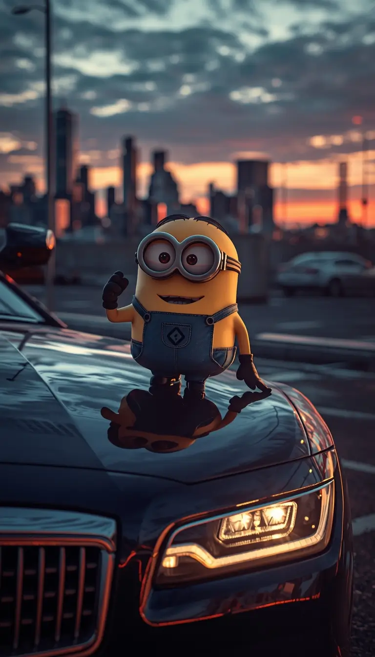 Cute Minion sitting on a car hood with a glowing city skyline at sunset creating a stylish minions desktop wallpaper background.