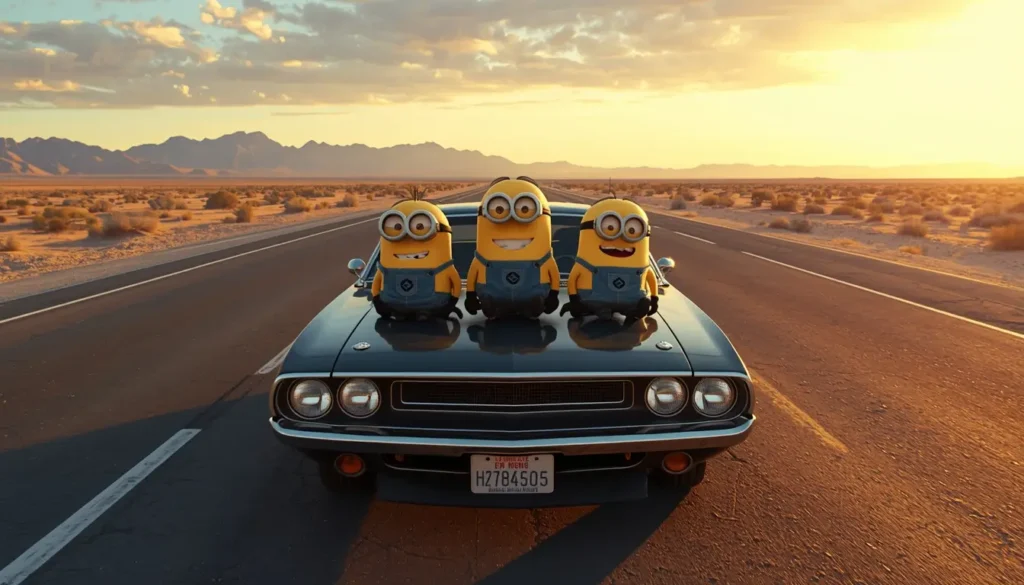 Three happy Minions sitting on a classic car on a desert highway during sunset creating a scenic minions wallpaper for desktop background.