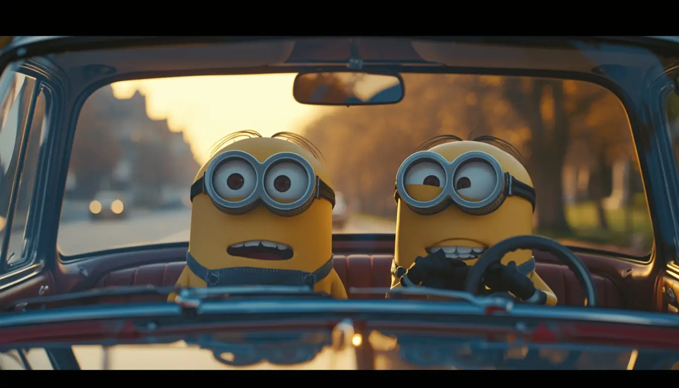 Two funny Minions driving a classic car on a city street at sunset creating a playful minions wallpaper for desktop background.