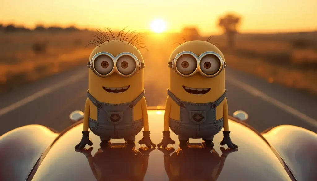 Two happy Minions sitting on a car during a golden sunset on an open road creating a colorful minions wallpaper 4k for desktop screens.
