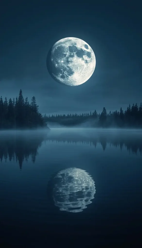 Bright full moon reflecting on a misty forest lake at night creating a peaceful moon-light-photos scene with calm water and trees.