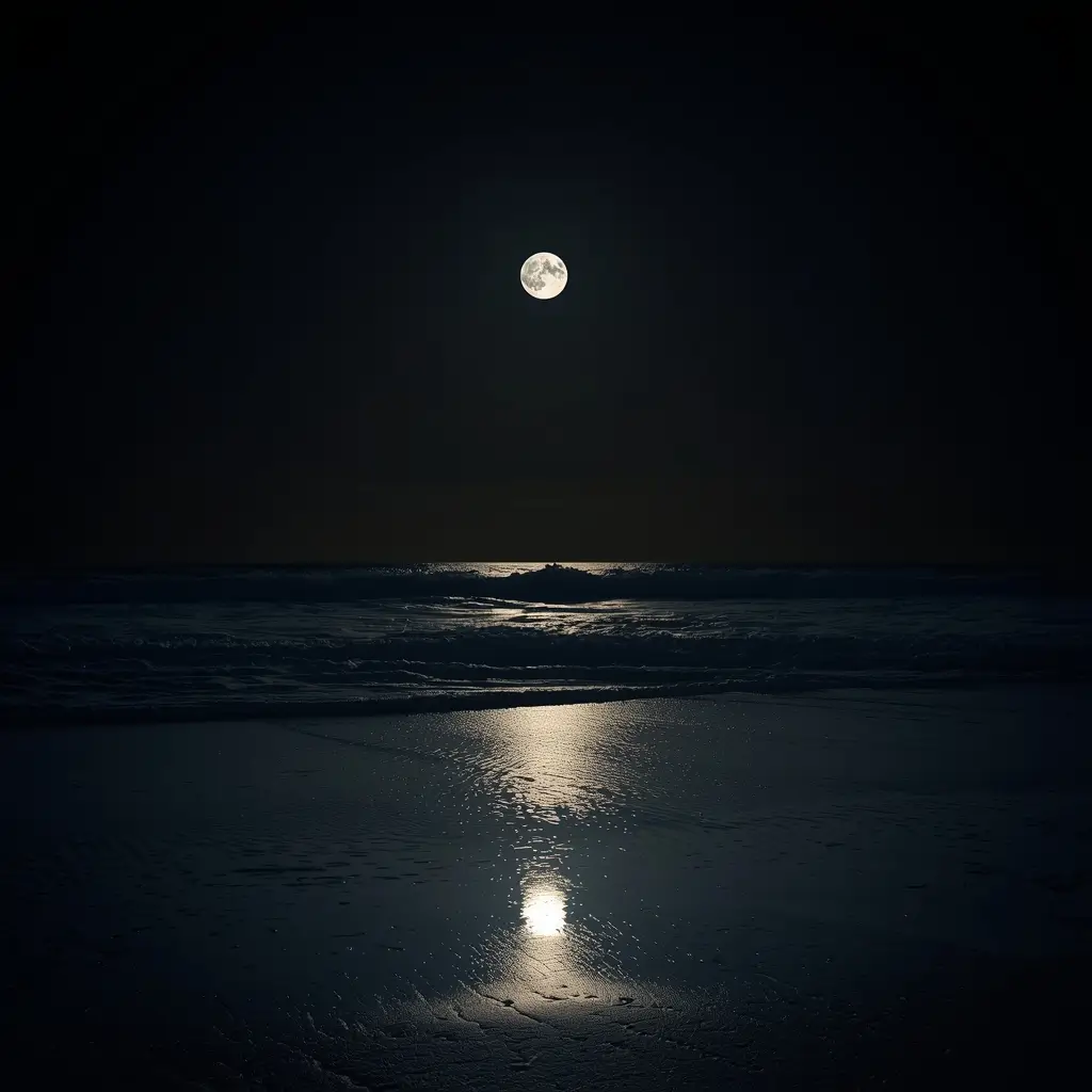 moon-light-photos of full moon reflecting on ocean waves and wet beach sand at night