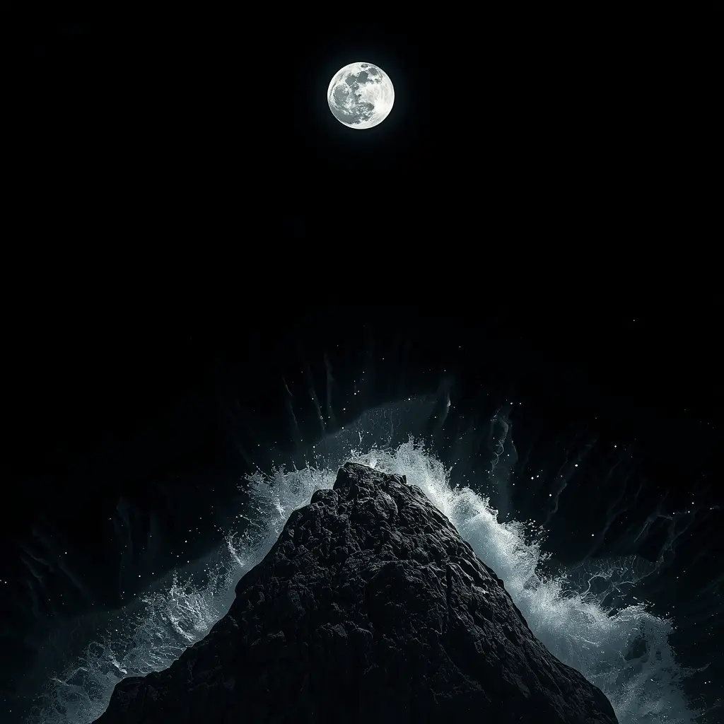 moon-light-photos of full moon above crashing ocean waves on rocky cliff at night