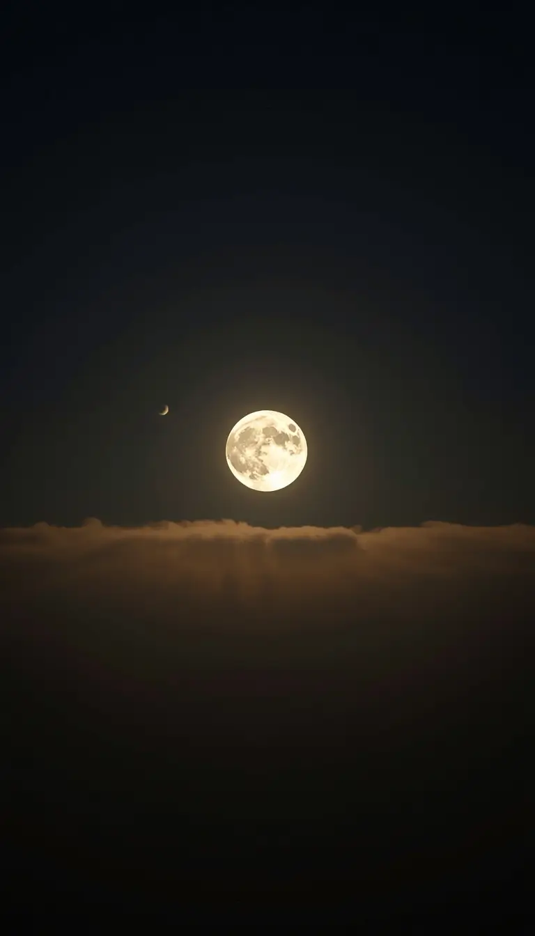 moon-light-photos of full moon above clouds with small crescent in night sky