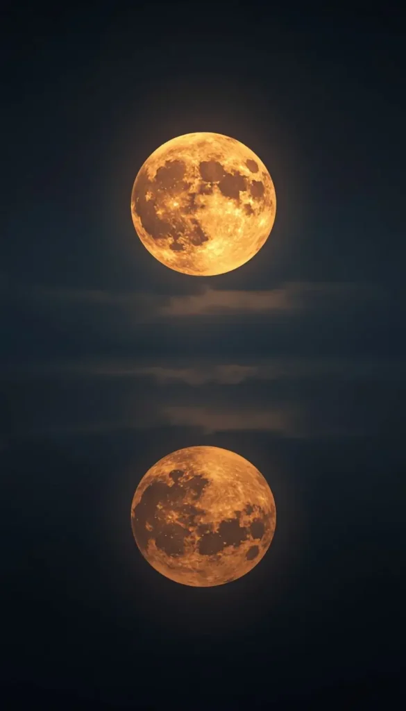 moon-light-photos of golden full moon with mirror reflection and clouds in night sky