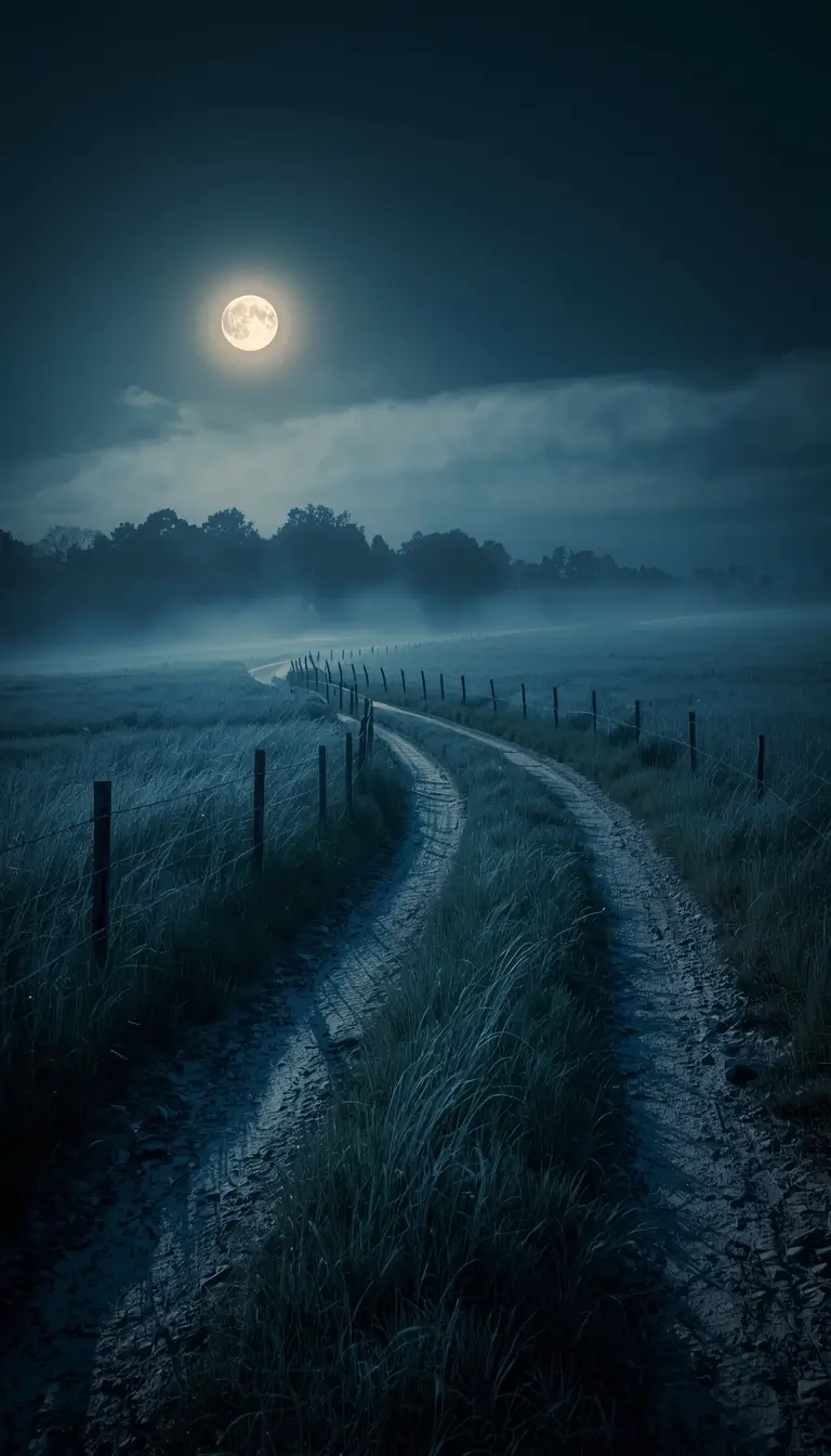 Moonlit countryside road winding through misty fields at night creating a calm moon-light-photos landscape with glowing full moon above.