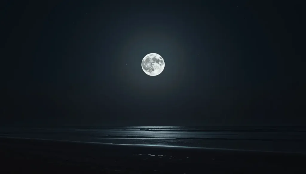 moon-light-photos of full moon glowing over calm ocean with stars in night sky