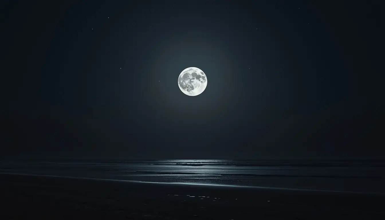 moon-light-photos of full moon glowing over calm ocean with stars in night sky