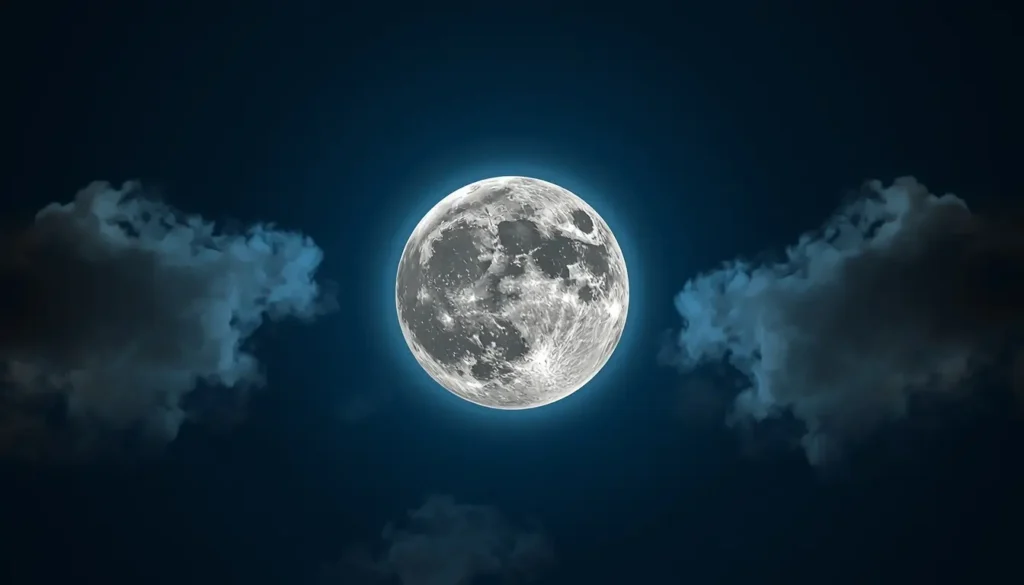 Bright full moon glowing in a dark night sky with soft clouds creating a beautiful moon-light-photos scene.