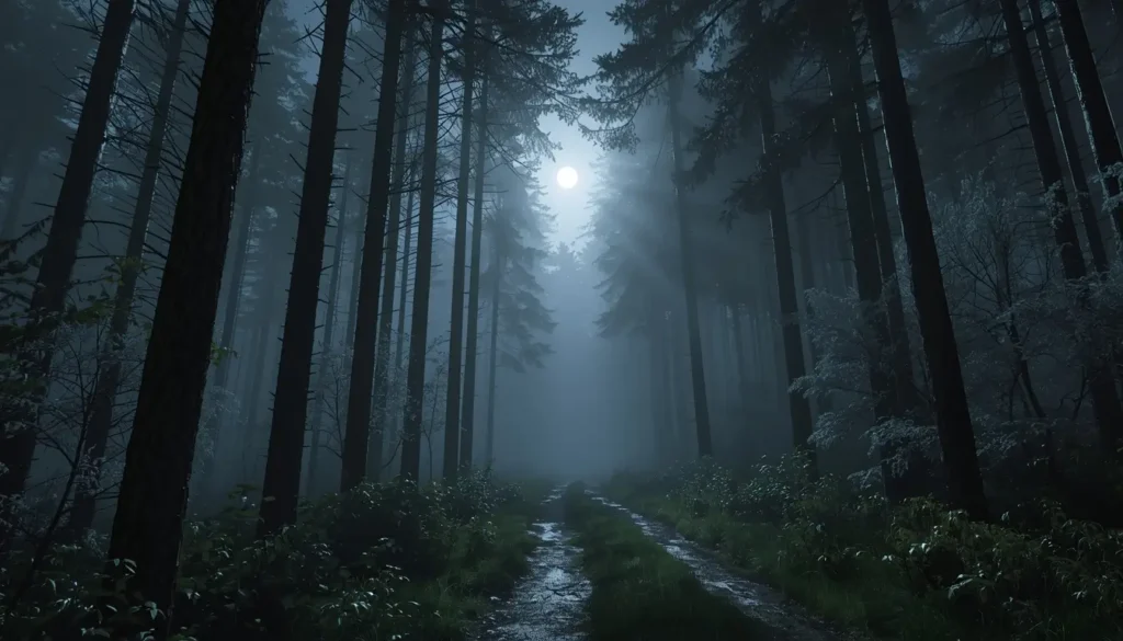 Misty forest path at night with tall trees and glowing moon creating atmospheric moon-light-photos scenery.