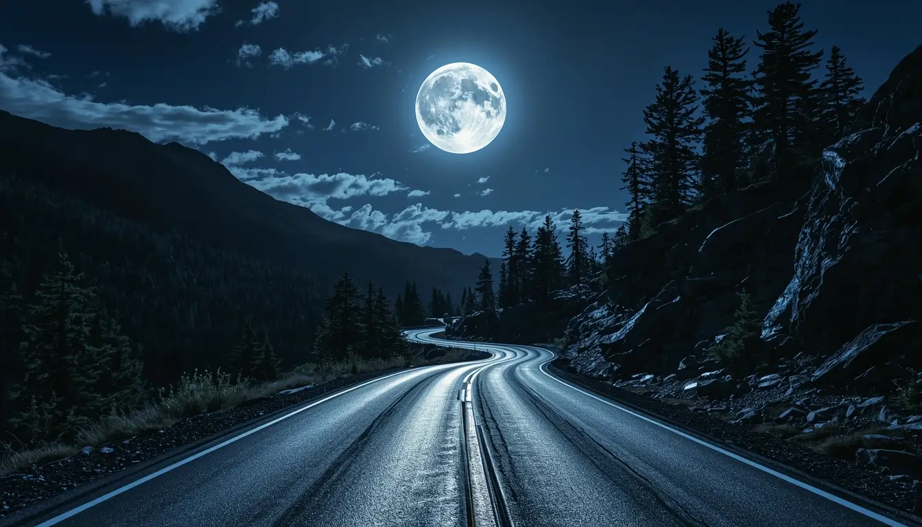 Winding mountain road under a glowing full moon with pine trees and rocky hills creating dramatic moon-light-photos scenery.