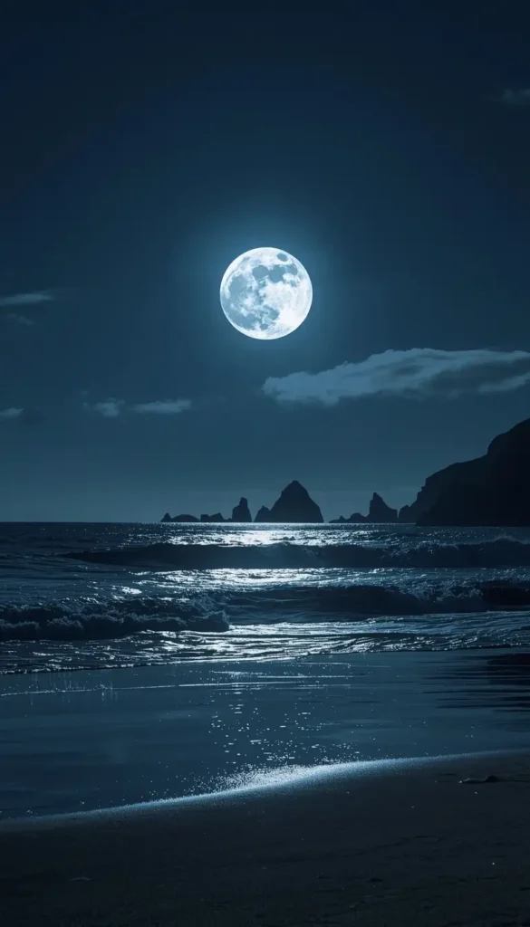 Full moon shining over ocean waves and beach at night creating a calm seascape moon-light-photos scene with glowing water reflections.