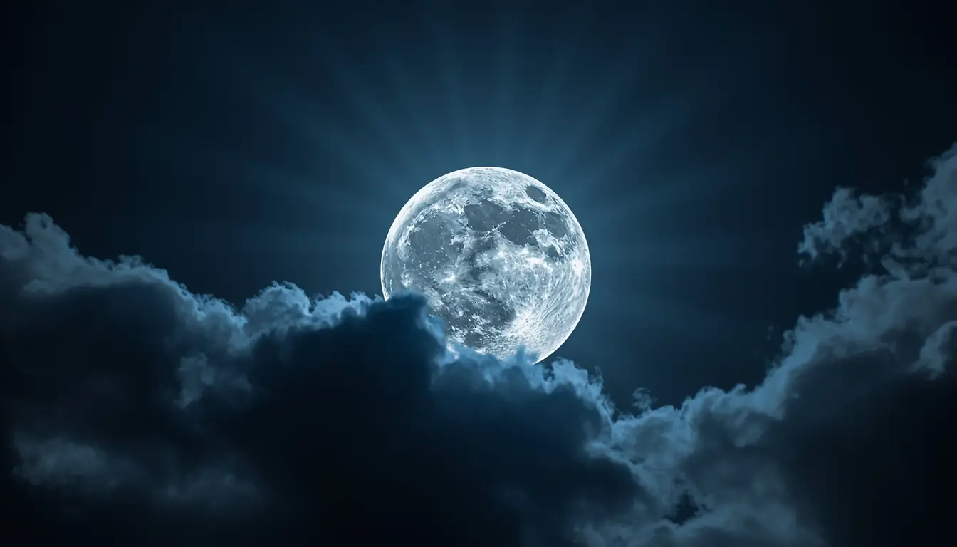Bright full moon glowing behind dark clouds in the night sky creating dramatic moon-light-photos scenery.