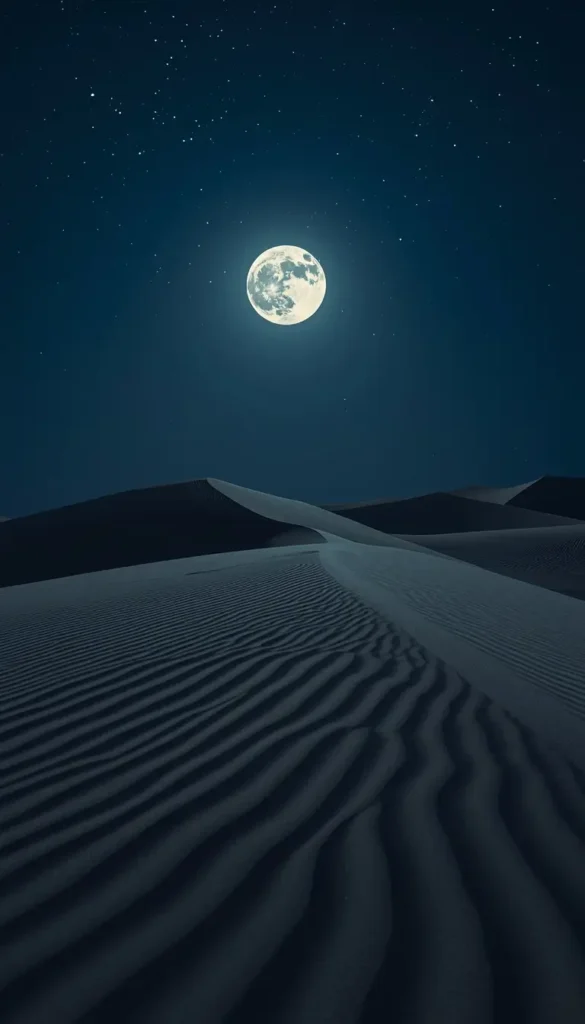 Bright full moon above desert sand dunes with starry night sky creating calm moon-light-photos scenery.