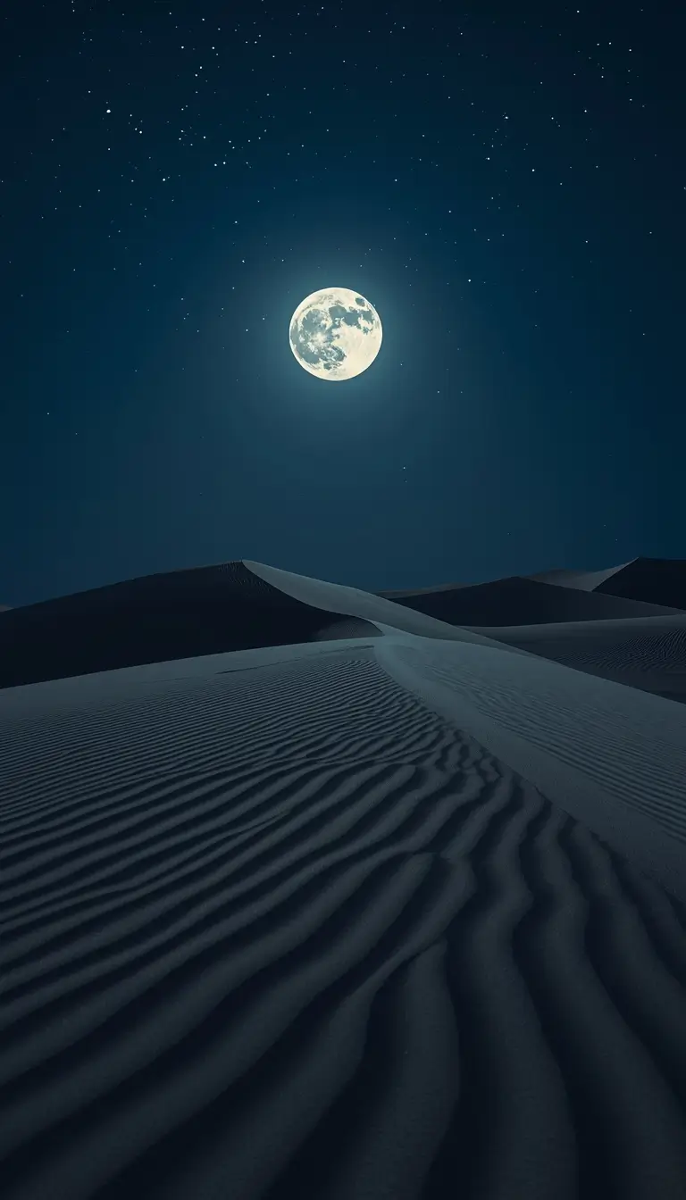 Bright full moon above desert sand dunes with starry night sky creating calm moon-light-photos scenery.